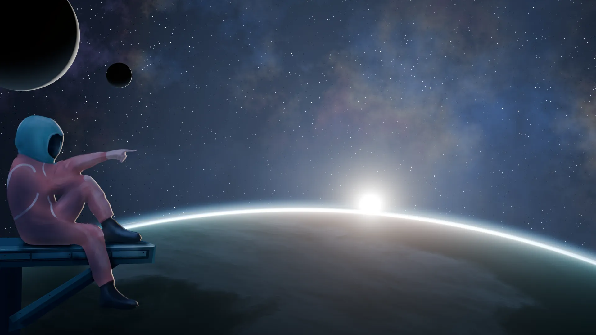 Déclin, en combinaison rouge et casque turquoise, assis au bord d’une plateforme, pointe du doigt le lever de soleil sur l’horizon d’une planète.
